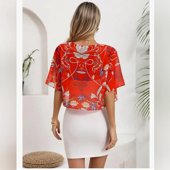 Brand New Red Floral Sheer Bolero Shrug - Picture 5 of 6